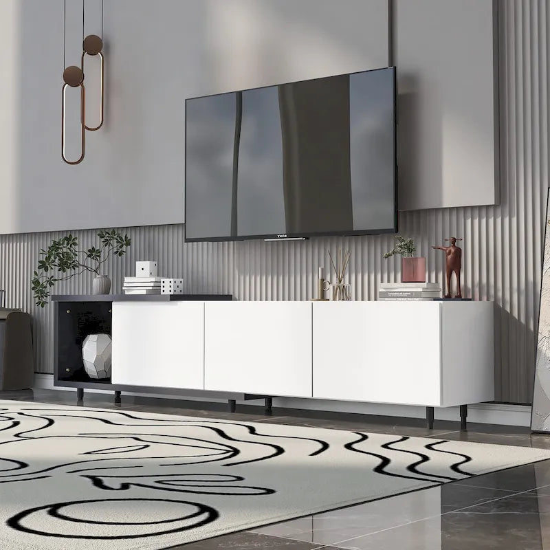 White Modern Extendable TV Stand with 3 Drawers and Shelf for TVs Up to 80