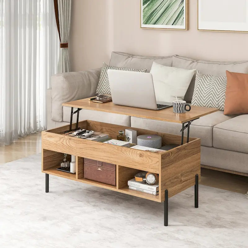 Table basse relevable avec compartiment de rangement et 3 niches ouvertes
