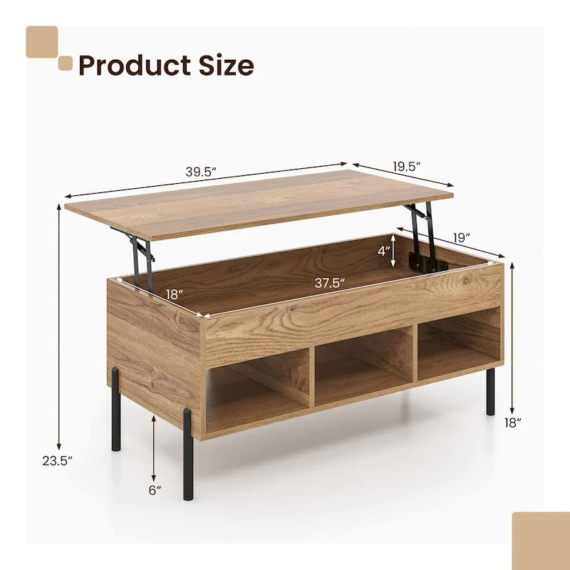 Table basse relevable avec compartiment de rangement et 3 niches ouvertes