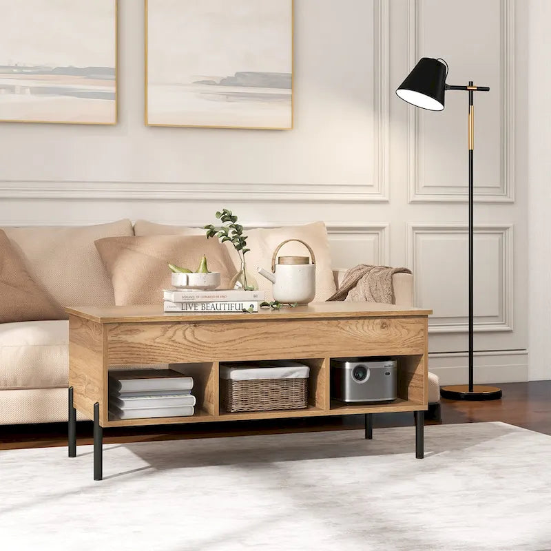 Table basse relevable avec compartiment de rangement et 3 niches ouvertes