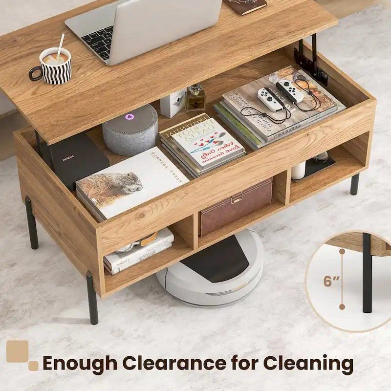 Table basse relevable avec compartiment de rangement et 3 niches ouvertes