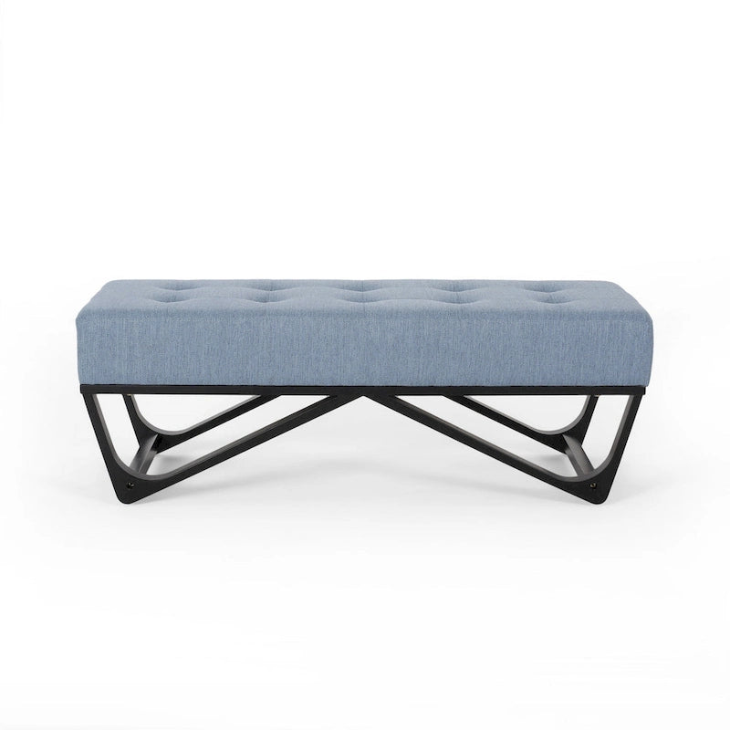 Banc ottoman, tissu bleu clair capitonné, noir, 119 cm