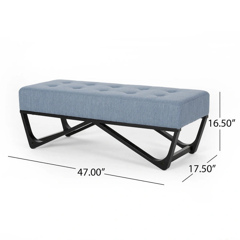 Banc ottoman, tissu bleu clair capitonné, noir, 119 cm