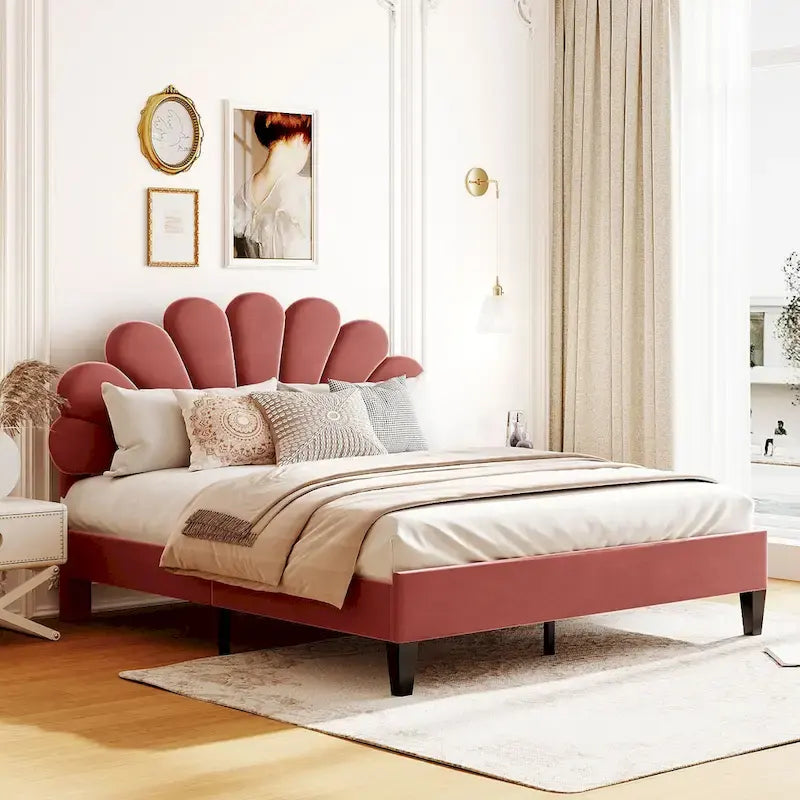 Red Velvet Queen Size Upholstered Platform Bed with Flower Pattern Headboard, No Box Spring Required