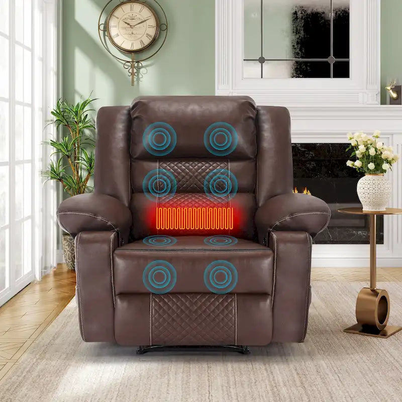 Fauteuil inclinable manuel en cuir marron avec massage vibratoire à 8 points, chauffage lombaire et plusieurs options d'inclinaison