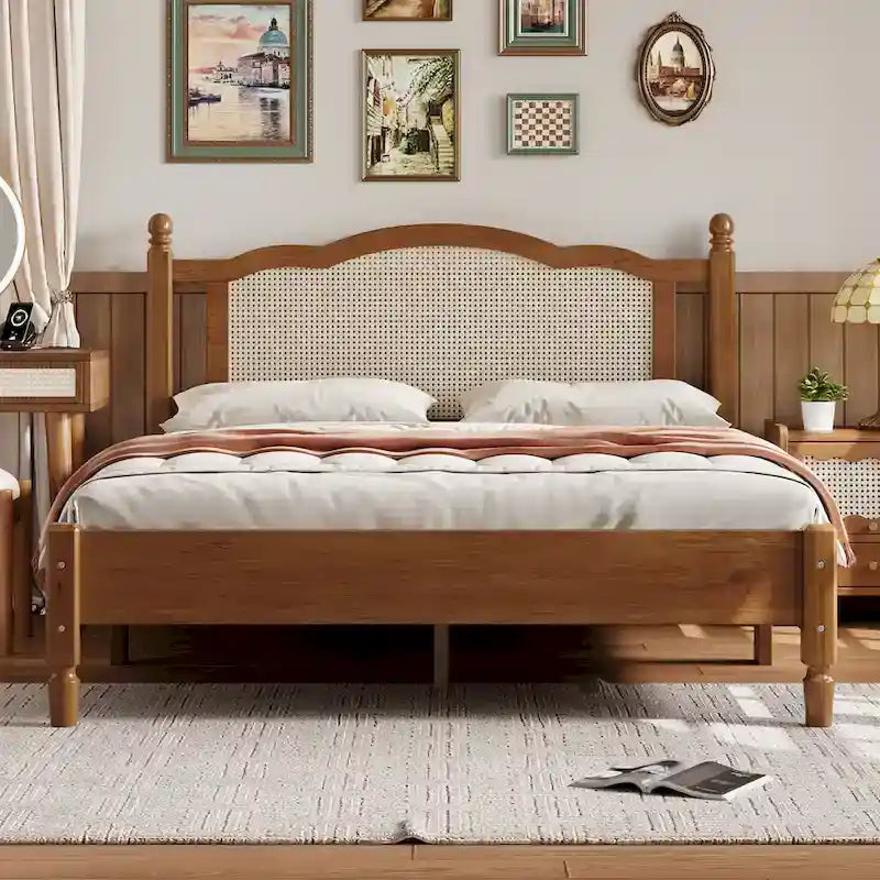 Queen Size Vintage Wooden Bed with Rattan Headboard & Slat Support
