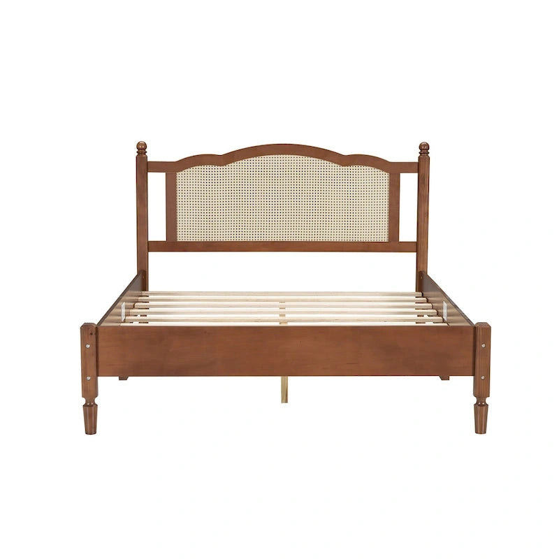 Lit vintage en bois, taille Queen, avec tête de lit en rotin et sommier à lattes