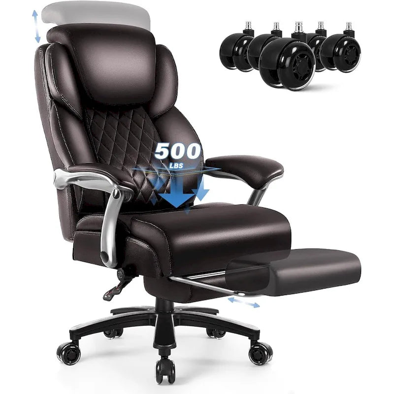 Chaise de bureau grande taille et robuste 500 lb avec appuie-tête relevable - Cuir épais avec repose-pieds rétractable et soutien lombaire