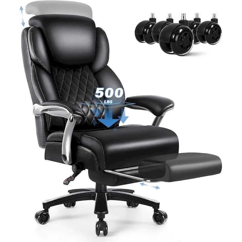 Chaise de bureau grande taille et robuste 500 lb avec appuie-tête relevable - Cuir épais avec repose-pieds rétractable et soutien lombaire