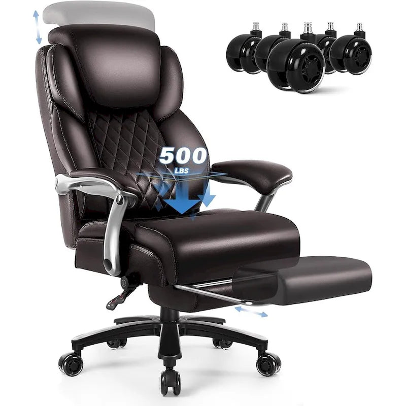 Chaise de bureau grande taille et robuste 500 lb avec appuie-tête relevable - Cuir épais avec repose-pieds rétractable et soutien lombaire