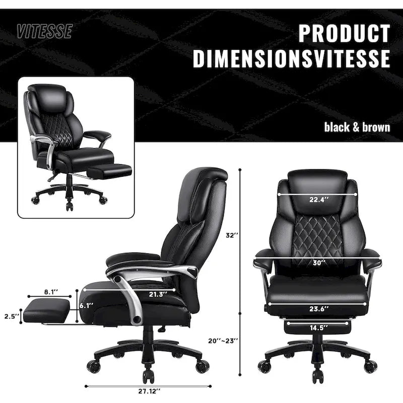 Chaise de bureau grande taille et robuste 500 lb avec appuie-tête relevable - Cuir épais avec repose-pieds rétractable et soutien lombaire