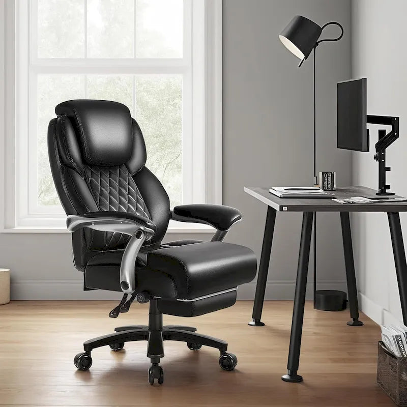 Chaise de bureau grande taille et robuste 500 lb avec appuie-tête relevable - Cuir épais avec repose-pieds rétractable et soutien lombaire