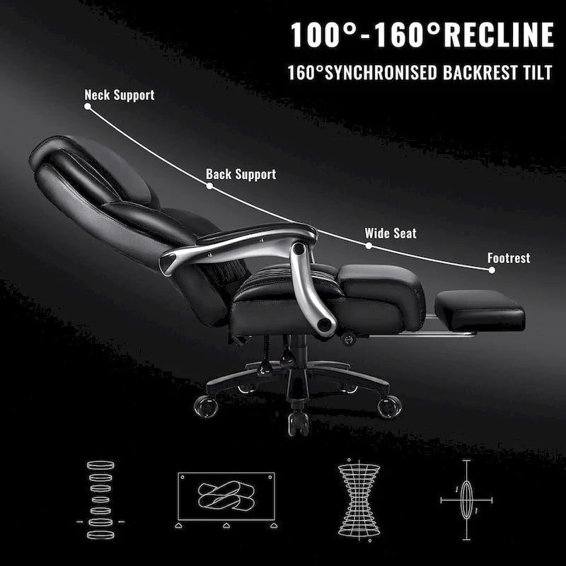 Chaise de bureau grande taille et robuste 500 lb avec appuie-tête relevable - Cuir épais avec repose-pieds rétractable et soutien lombaire