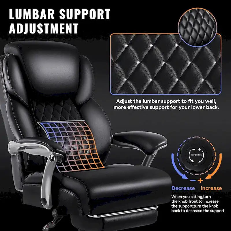 Chaise de bureau grande taille et robuste 500 lb avec appuie-tête relevable - Cuir épais avec repose-pieds rétractable et soutien lombaire