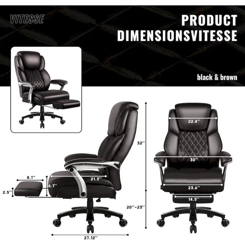 Chaise de bureau grande taille et robuste 500 lb avec appuie-tête relevable - Cuir épais avec repose-pieds rétractable et soutien lombaire