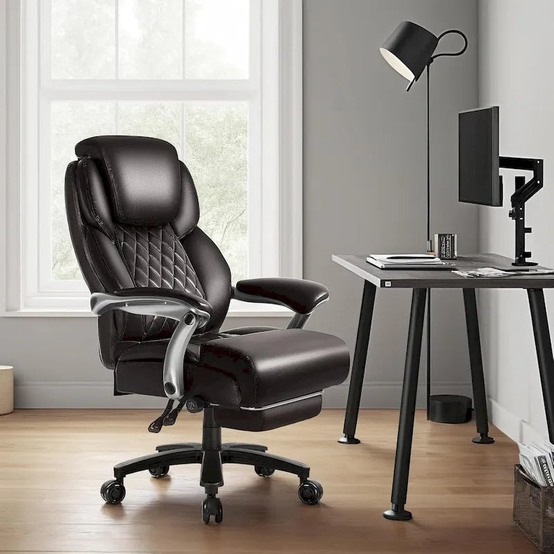 Chaise de bureau grande taille et robuste 500 lb avec appuie-tête relevable - Cuir épais avec repose-pieds rétractable et soutien lombaire