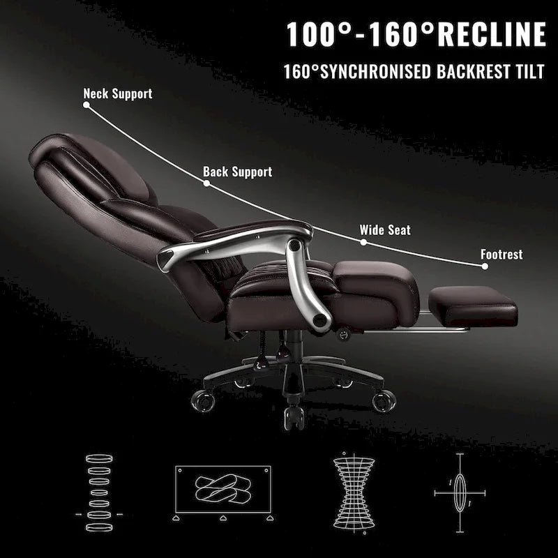 Chaise de bureau grande taille et robuste 500 lb avec appuie-tête relevable - Cuir épais avec repose-pieds rétractable et soutien lombaire