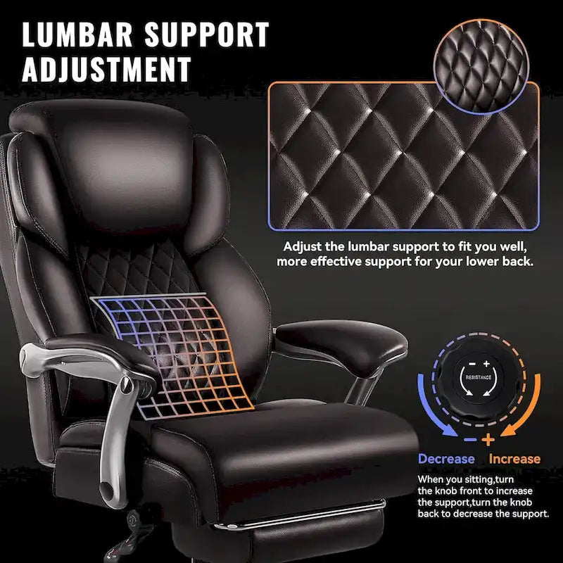 Chaise de bureau grande taille et robuste 500 lb avec appuie-tête relevable - Cuir épais avec repose-pieds rétractable et soutien lombaire
