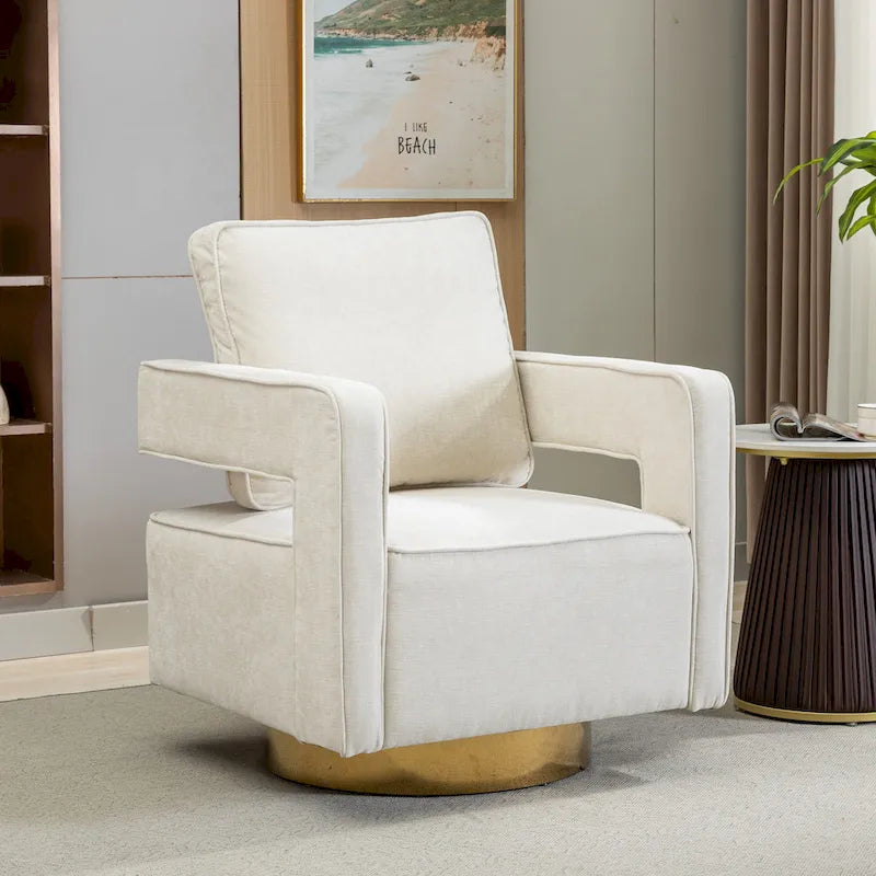 Fauteuil à dossier ouvert pivotant en tissu avec coussin