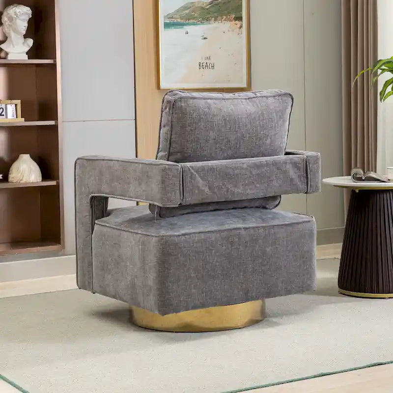 Fauteuil à dossier ouvert pivotant en tissu avec coussin