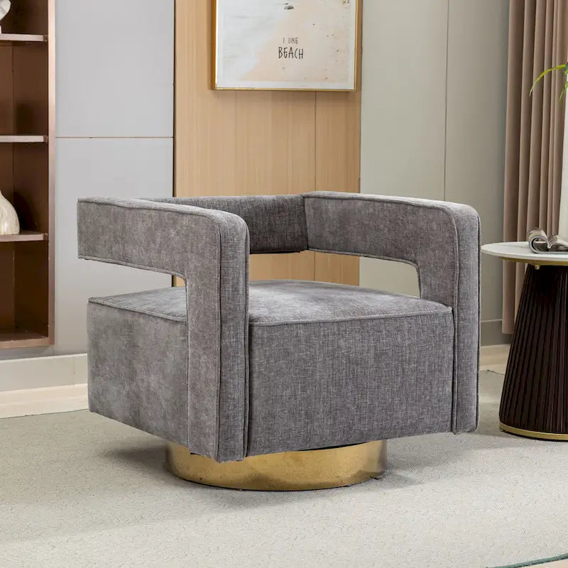 Fauteuil à dossier ouvert pivotant en tissu avec coussin