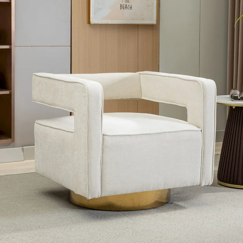 Fauteuil à dossier ouvert pivotant en tissu avec coussin