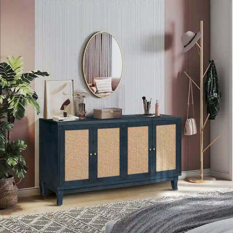 Meuble de rangement d'appoint avec 4 portes en rotin