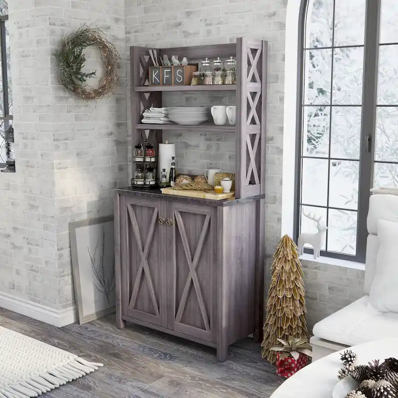 Meuble à micro-ondes à plusieurs niveaux en bois, style ferme