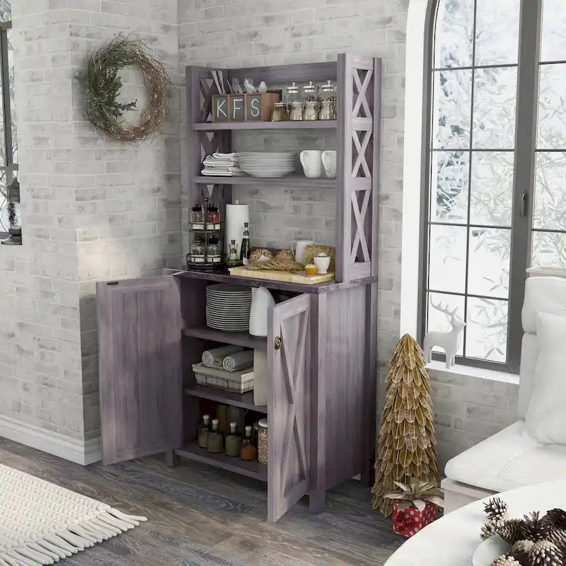 Meuble à micro-ondes à plusieurs niveaux en bois, style ferme