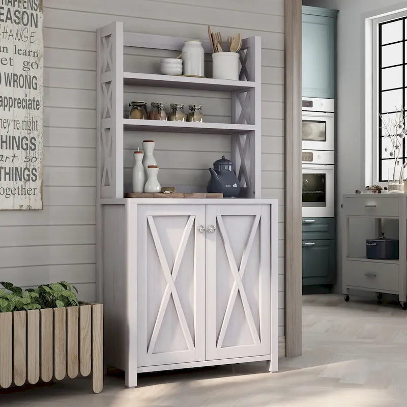 Meuble à micro-ondes à plusieurs niveaux en bois, style ferme