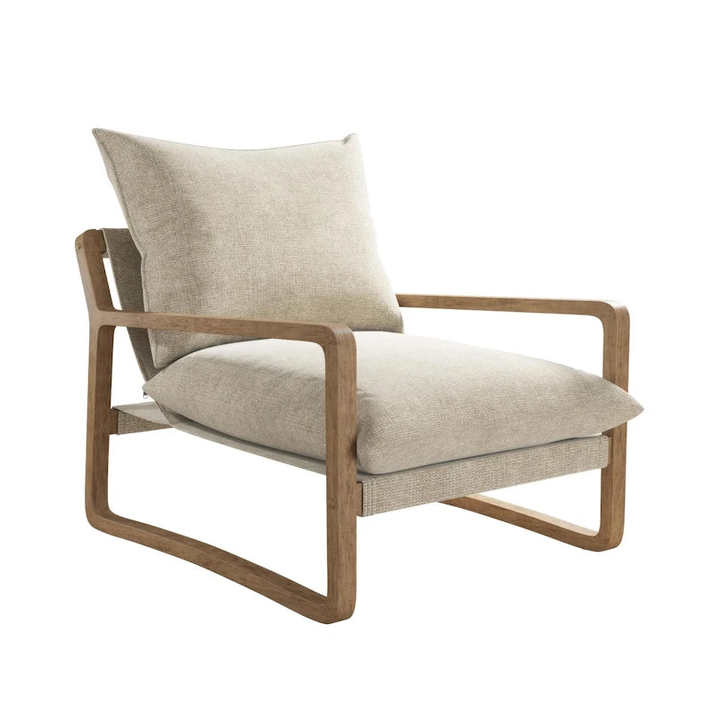 Chaise longue de style côtier — fauteuil bas rembourré doté d'une structure en bois massif et d'une base pivotante.
