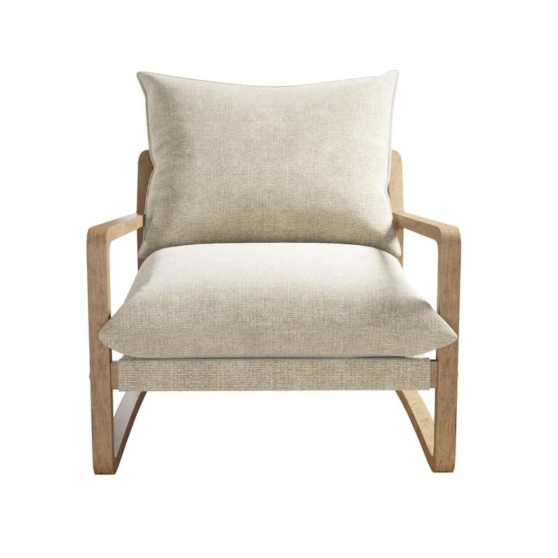 Chaise longue de style côtier — fauteuil bas rembourré doté d'une structure en bois massif et d'une base pivotante.