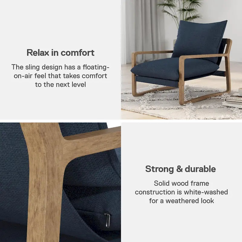 Chaise longue de style côtier — fauteuil bas rembourré doté d'une structure en bois massif et d'une base pivotante.