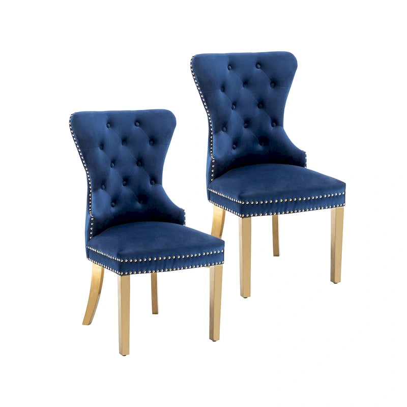 Chaises de salle à manger en velours capitonné avec pieds en chrome doré, ensemble de deux.
