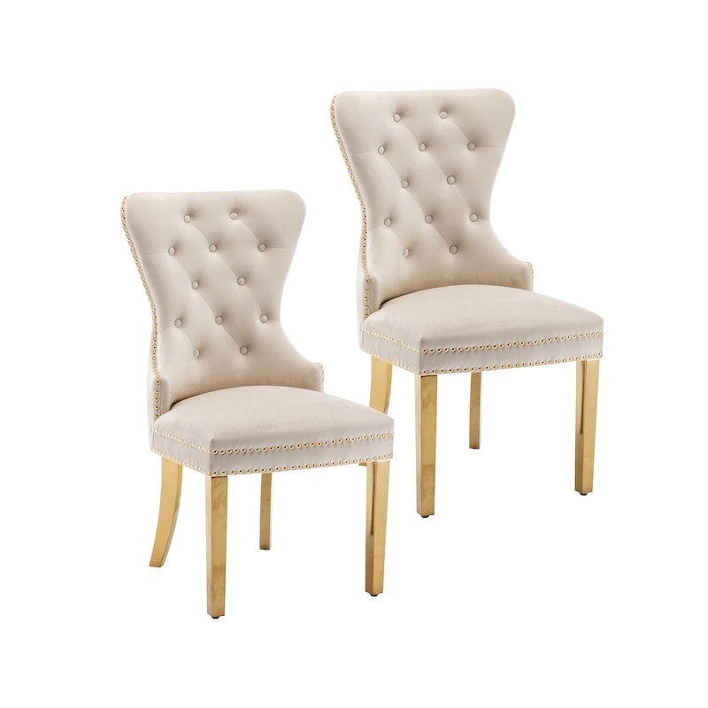 Chaises de salle à manger en velours capitonné avec pieds en chrome doré, ensemble de deux.