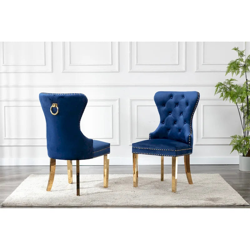 Chaises de salle à manger en velours capitonné avec pieds en chrome doré, ensemble de deux.