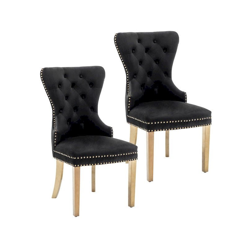 Chaises de salle à manger en velours capitonné avec pieds en chrome doré, ensemble de deux.