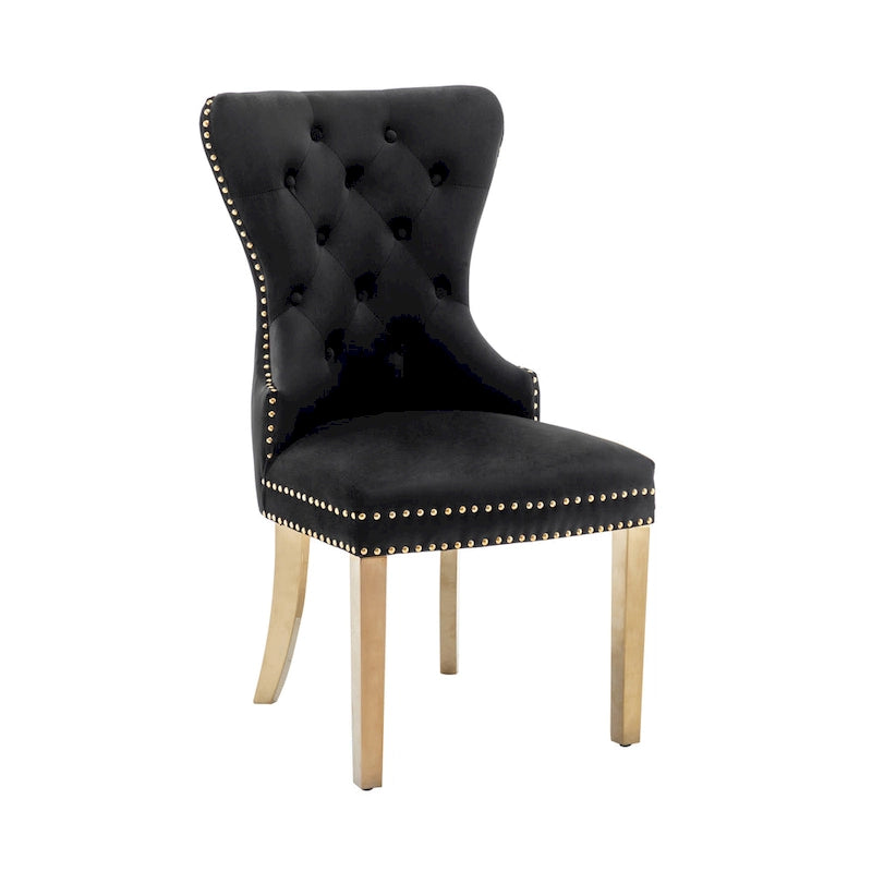 Chaises de salle à manger en velours capitonné avec pieds en chrome doré, ensemble de deux.