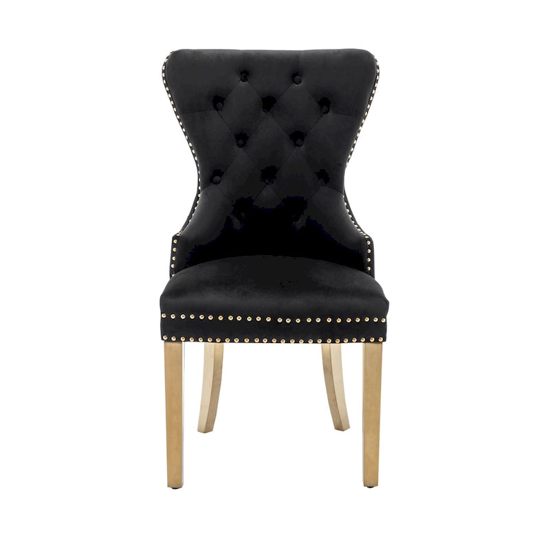 Chaises de salle à manger en velours capitonné avec pieds en chrome doré, ensemble de deux.