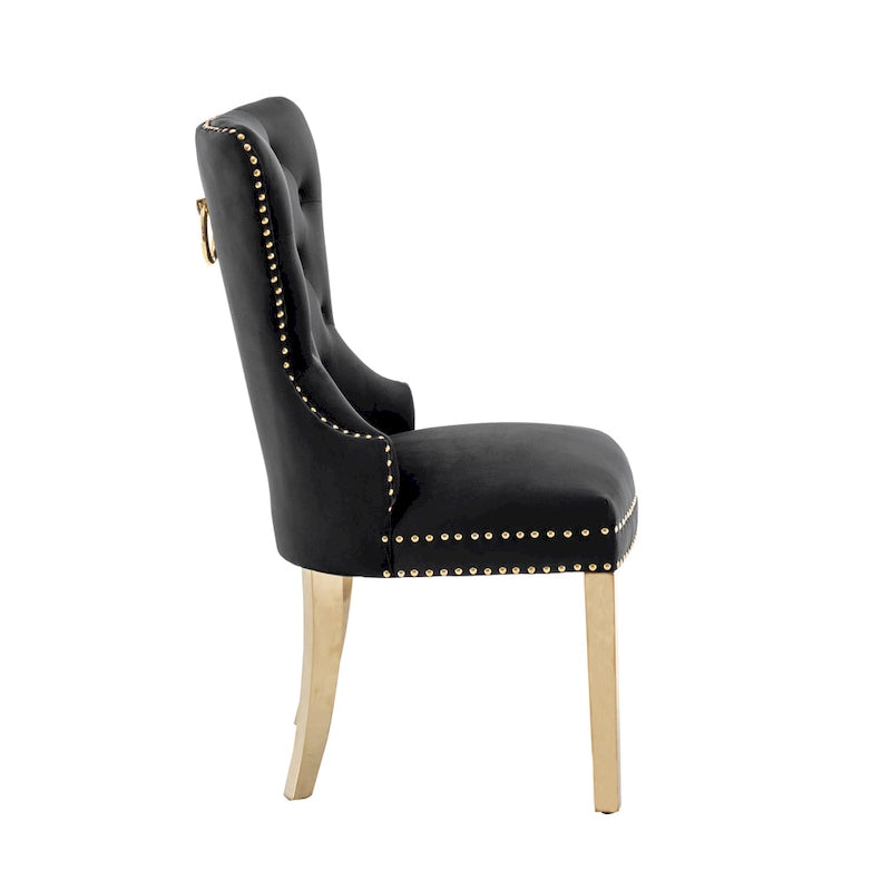 Chaises de salle à manger en velours capitonné avec pieds en chrome doré, ensemble de deux.
