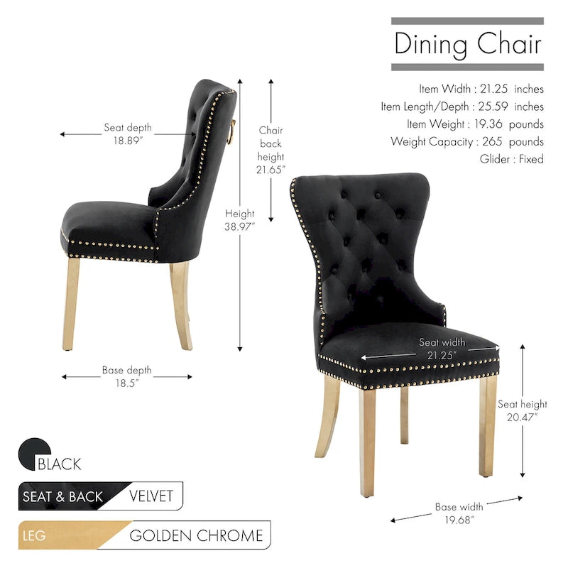 Chaises de salle à manger en velours capitonné avec pieds en chrome doré, ensemble de deux.