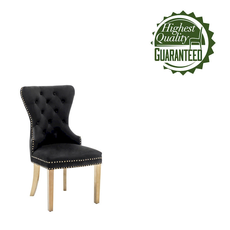 Chaises de salle à manger en velours capitonné avec pieds en chrome doré, ensemble de deux.