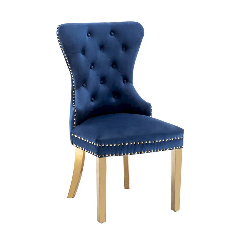 Chaises de salle à manger en velours capitonné avec pieds en chrome doré, ensemble de deux.