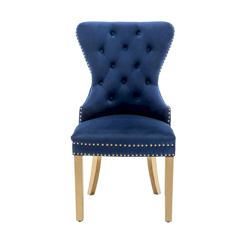 Chaises de salle à manger en velours capitonné avec pieds en chrome doré, ensemble de deux.