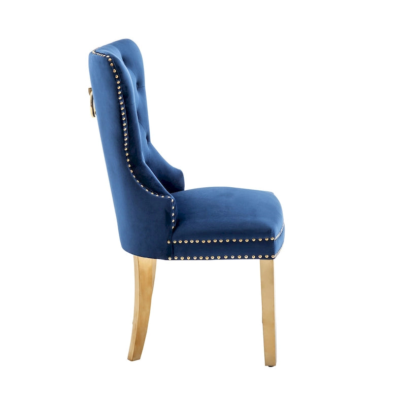 Chaises de salle à manger en velours capitonné avec pieds en chrome doré, ensemble de deux.