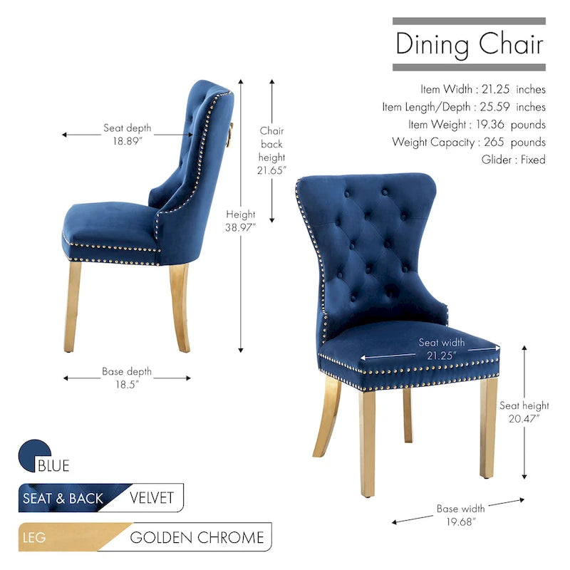 Chaises de salle à manger en velours capitonné avec pieds en chrome doré, ensemble de deux.