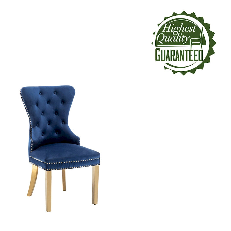 Chaises de salle à manger en velours capitonné avec pieds en chrome doré, ensemble de deux.