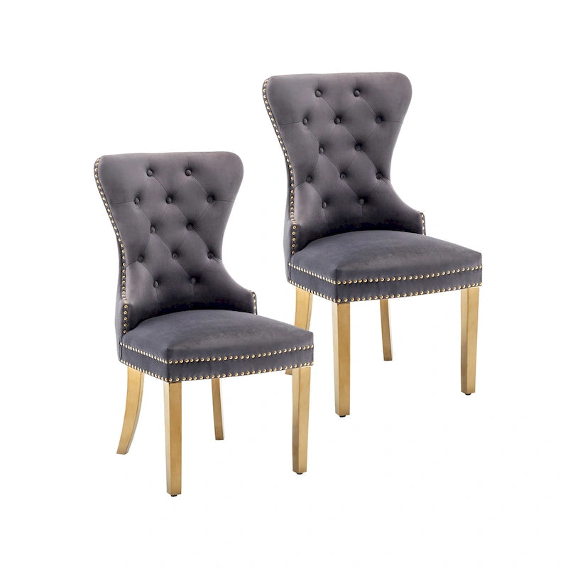 Chaises de salle à manger en velours capitonné avec pieds en chrome doré, ensemble de deux.