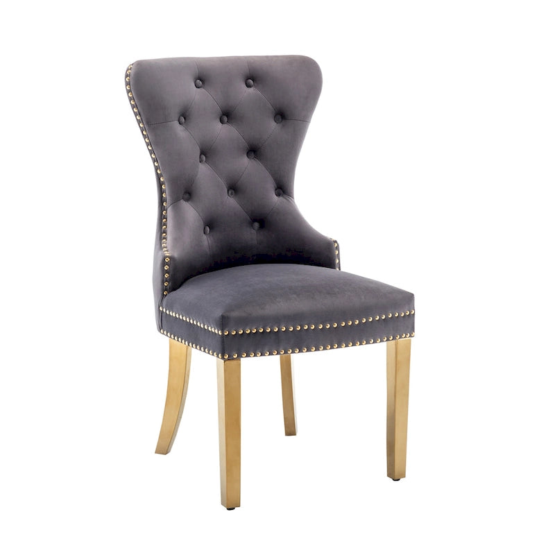 Chaises de salle à manger en velours capitonné avec pieds en chrome doré, ensemble de deux.