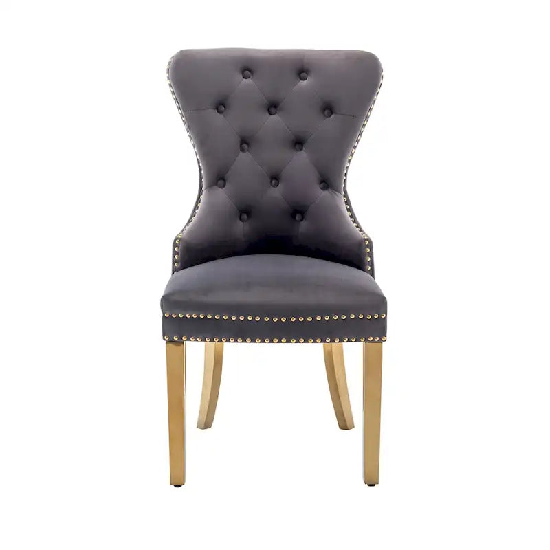 Chaises de salle à manger en velours capitonné avec pieds en chrome doré, ensemble de deux.